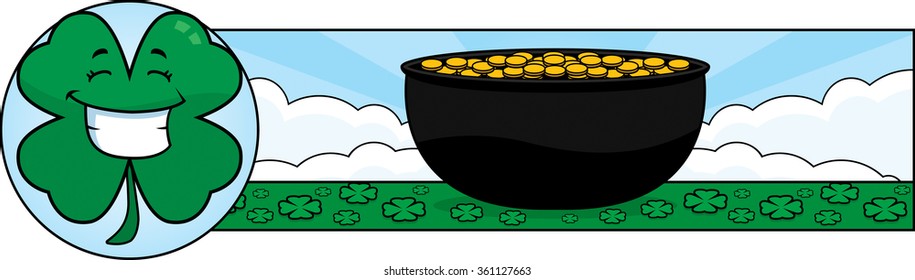 A cartoon illustration of a shamrock in a St. Patrick's Day themed graphic.