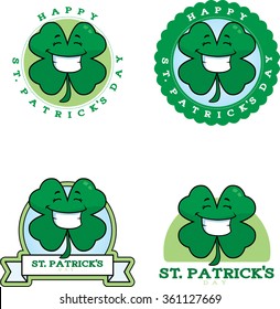 A cartoon illustration of a shamrock in a St. Patrick's Day themed graphic.