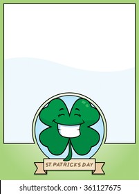A cartoon illustration of a shamrock in a St. Patrick's Day themed graphic.