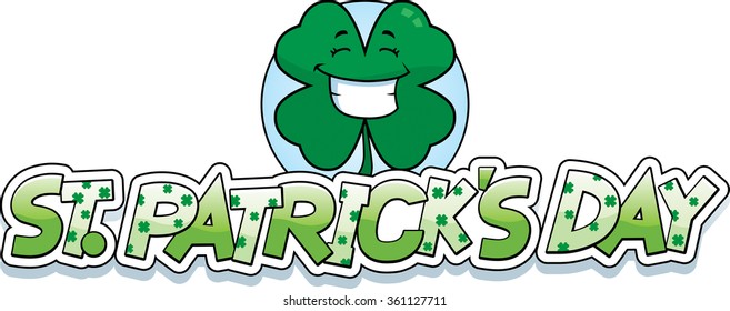 A cartoon illustration of a shamrock in a St. Patrick's Day themed graphic.
