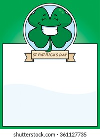 A cartoon illustration of a shamrock in a St. Patrick's Day themed graphic.