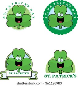 A cartoon illustration of a shamrock in a St. Patrick's Day themed graphic.