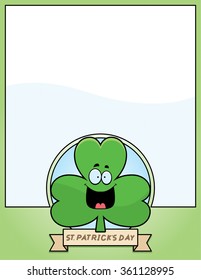 A cartoon illustration of a shamrock in a St. Patrick's Day themed graphic.