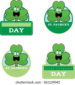 A cartoon illustration of a shamrock in a St. Patrick's Day themed graphic.