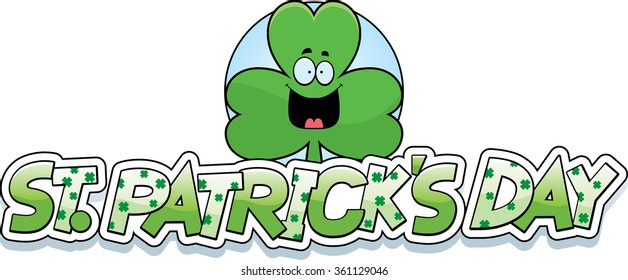 A cartoon illustration of a shamrock in a St. Patrick's Day themed graphic.