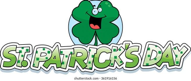 A cartoon illustration of a shamrock in a St. Patrick's Day themed graphic.