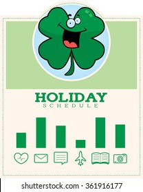 A cartoon illustration of a shamrock in a St. Patrick's Day themed graphic.