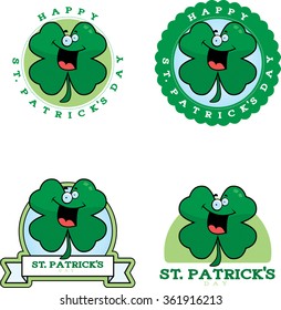 A cartoon illustration of a shamrock in a St. Patrick's Day themed graphic.