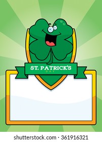 A cartoon illustration of a shamrock in a St. Patrick's Day themed graphic.