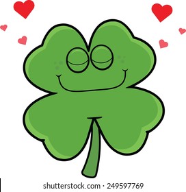 Cartoon illustration of a shamrock surrounded by hearts. 