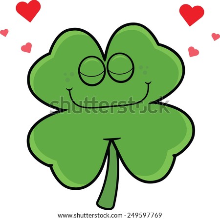 Cartoon illustration of a shamrock surrounded by hearts. 