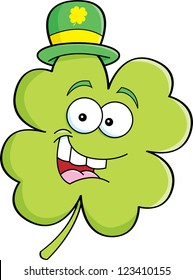 Cartoon illustration of a shamrock wearing a hat.