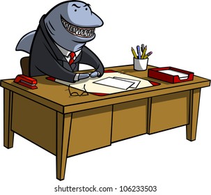 A Cartoon Illustration Of A Shark In Business Attire Sitting Behind A Desk With An Evil Grin On His Face. Could Represent A Loan Shark Or Any Other Sort Of Shady Businessperson.