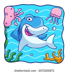 cartoon illustration sharks and jellyfish swimming