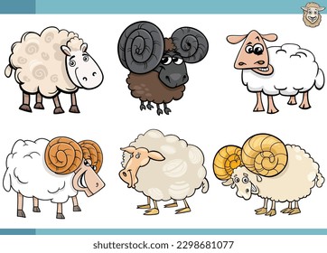 Cartoon illustration of sheep farm animals comic characters set