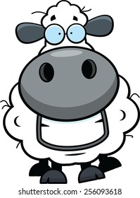 Cartoon illustration of a sheep with a grin. 
