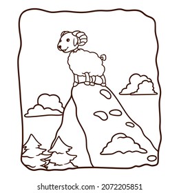 cartoon illustration the sheep is on the big rock coloring book or page for kids black and white