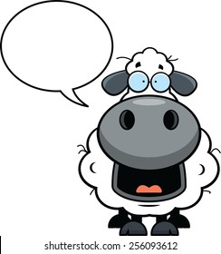 Cartoon illustration of a sheep with a speech bubble. 