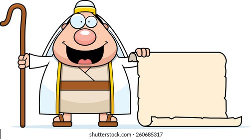 A cartoon illustration of a shepherd with a sign.