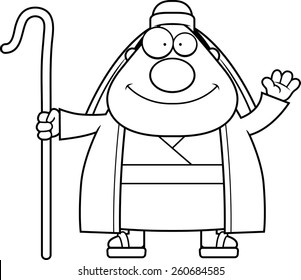 A cartoon illustration of a shepherd waving.