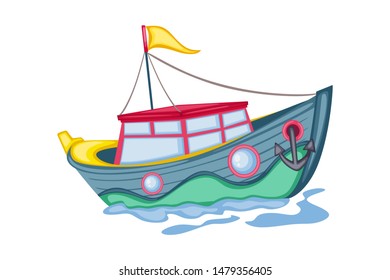 Cartoon Illustration of a Ship in the Sea Isolated on White Background. Blue Yacht in the Water