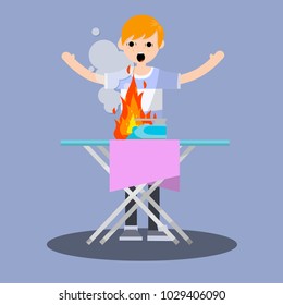 cartoon illustration - shocked the guy waving his arms. the fire in the house. dangerous situation with iron. a bad garment and Ironing Board. compliance with safety standards. careful handling