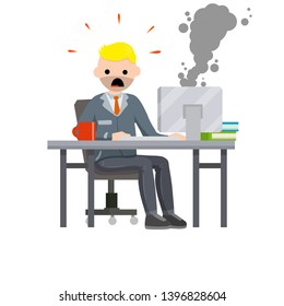 Cartoon illustration - shocked man. Problem at work in the office. computer failure error. virus and guy. monitor smoke, risk of fire. Red cup of coffee and book