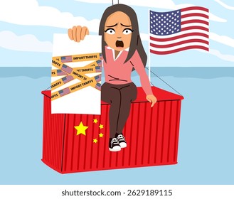 Cartoon illustration of a shocked woman sitting on shipping containers with USA and China flags. Vector drawing concept of import tariffs, trade disruption and economic impact