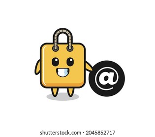 Cartoon Illustration of shopping bag standing beside the At symbol , cute style design for t shirt, sticker, logo element