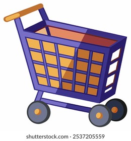 A cartoon illustration of a shopping cart, perfect for use in marketing materials, websites, or app designs.  This fun and colorful graphic is ideal for adding a touch of whimsy to your projects.