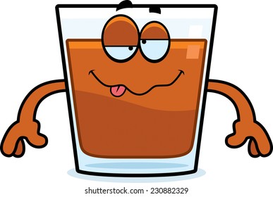 A cartoon illustration of a shot of whiskey looking drunk.