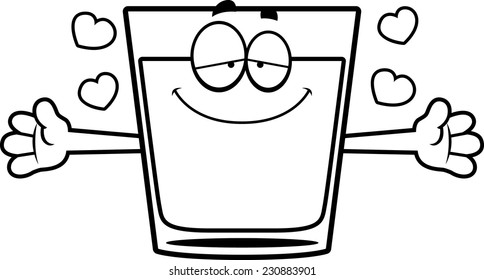 A cartoon illustration of a shot of whiskey ready to give a hug.