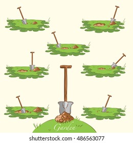 Cartoon Illustration Shovel That Stuck In The Ground Digging A Hole