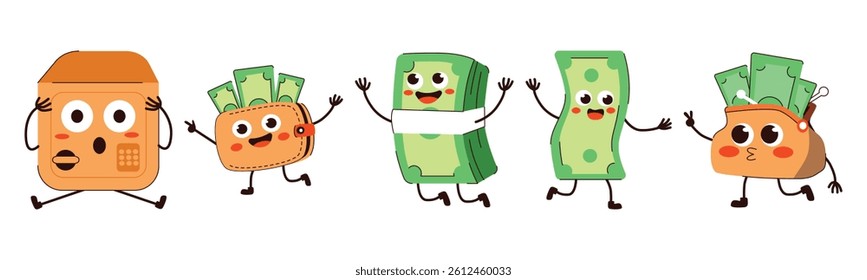 A cartoon illustration showcases a collection of playful money characters, including wallets, cash stacks, and bills, rendered in a cheerful, vibrant style.