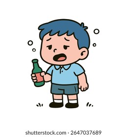 A cartoon illustration showcases a sad little boy clutching a beer bottle with a troubled expression