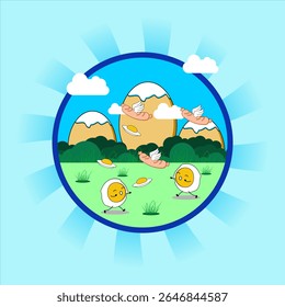 Cartoon illustration showing anthropomorphic eggs and sausages enjoying a whimsical moment in a grassy landscape.Vecto design. EPS 10.