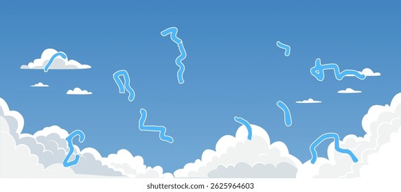 Cartoon illustration showing a cloudy sky background with visual floaters, symbolizing distorted or blurry vision. Health and perception metaphor