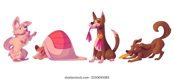 Cartoon illustration showing different canine behaviors. Pink furry pup gestures playfully, relaxed companion rests under blanket, alert pet holds rope toy, energetic dog fetches orange disc.