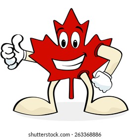 Cartoon illustration showing a happy Canadian maple leaf making the thumbs up sign