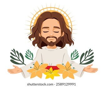 Cartoon illustration showing Jesus Christ with golden halo and yellow flowers and olive branches. Easter celebration design symbol element