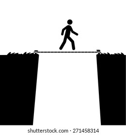 Cartoon Illustration Showing A Man Walking Over A Precipice Using Only A Tight Rope