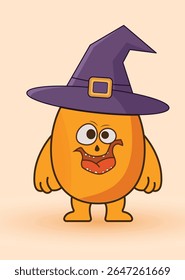 Cartoon illustration shows an orange, egg-shaped character wearing a purple witch hat, smiling, standing on a light orange background, with a Halloween theme.