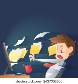 A cartoon illustration shows a tired businessman working overtime at night with a computer and folders flying around.