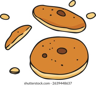 Cartoon illustration shows two browned and one sliced donut with sprinkles.