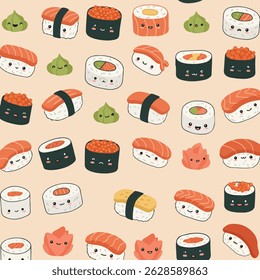 Uma ilustração em desenho animado mostra uma variedade de sushi sorridente, wasabi e gengibre em um fundo claro e bronzeado.