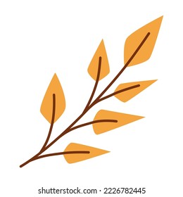 Cartoon illustration of shrub twig. Yellow autumn leaf. Foliage, fall decoration, September concept