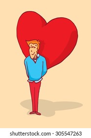 Cartoon illustration of shy man in love hiding feelings or huge heart