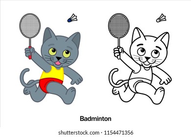A Cartoon illustration of a Siamese Cat (Korat Cat) in Badminton sport action and Line art Black, Vector on white background