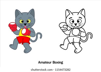 A Cartoon illustration of a Siamese Cat (Korat Cat) in Boxing sport action and Line art Black, Vector on white background