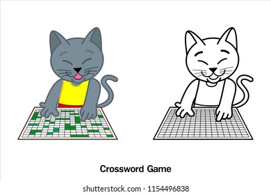 A Cartoon illustration of a Siamese Cat (Korat Cat) in Crossword game and Line art Black, Vector on white background